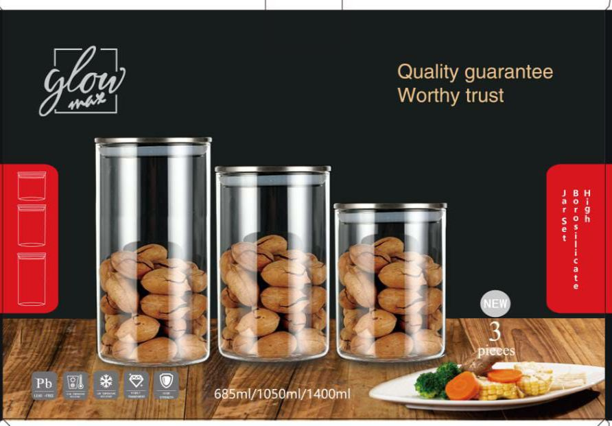 Glowmax Borosil Air Tight Glass Jars - Premium Glassware Set Of 3 Round Clear Storage Containers With Sealed Lids Lightweight Durable Glassware
