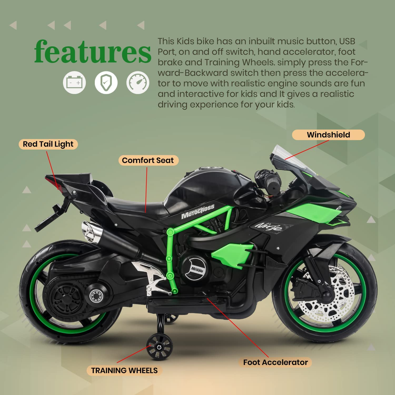 Kawaski Ninja H2R Battery Operated Bike For Kids Rechargeable Bike Electric Ride On Bike Battery Operated Kids Bike For Boys Girls 2 To 10 Years