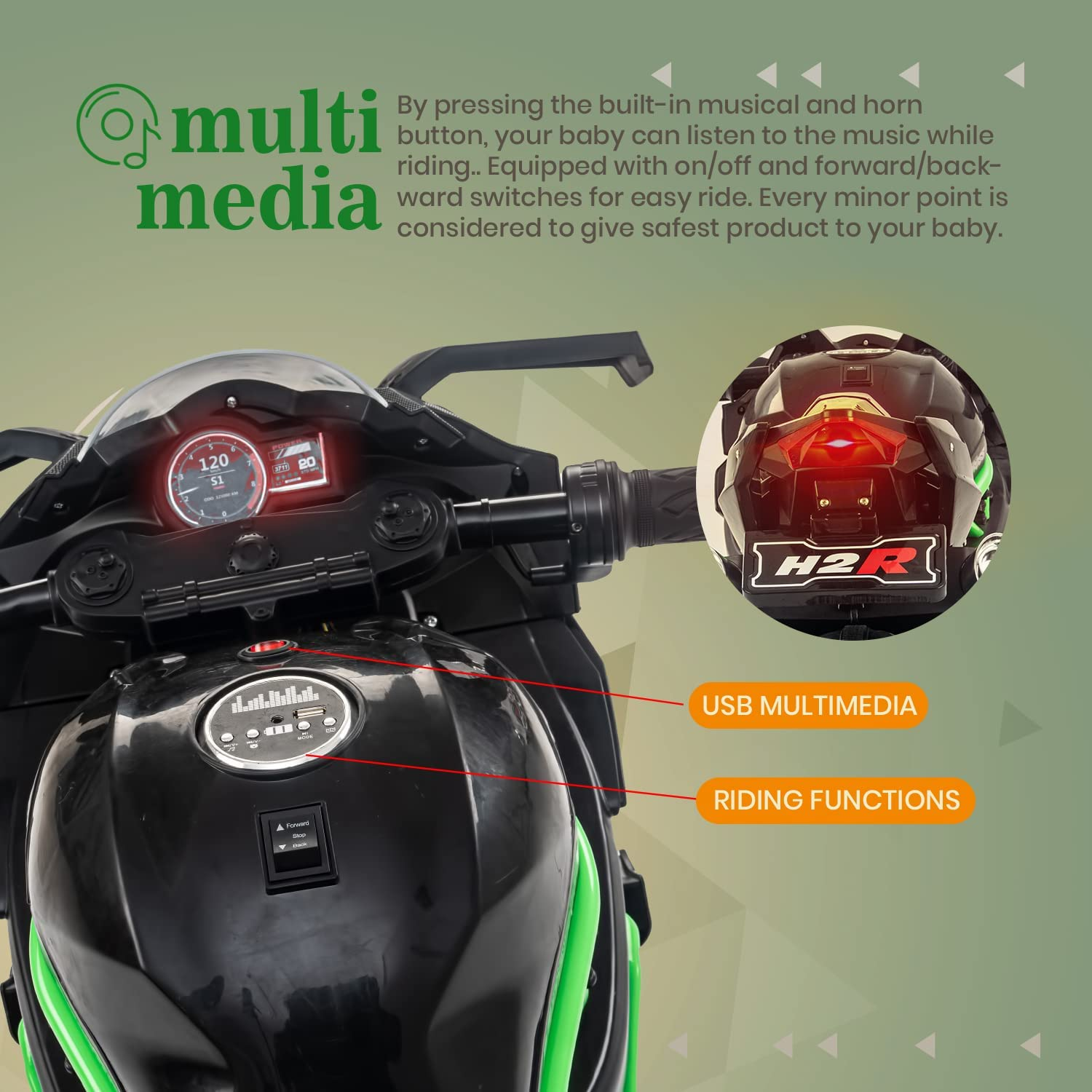 Kawaski Ninja H2R Battery Operated Bike For Kids Rechargeable Bike Electric Ride On Bike Battery Operated Kids Bike For Boys Girls 2 To 10 Years