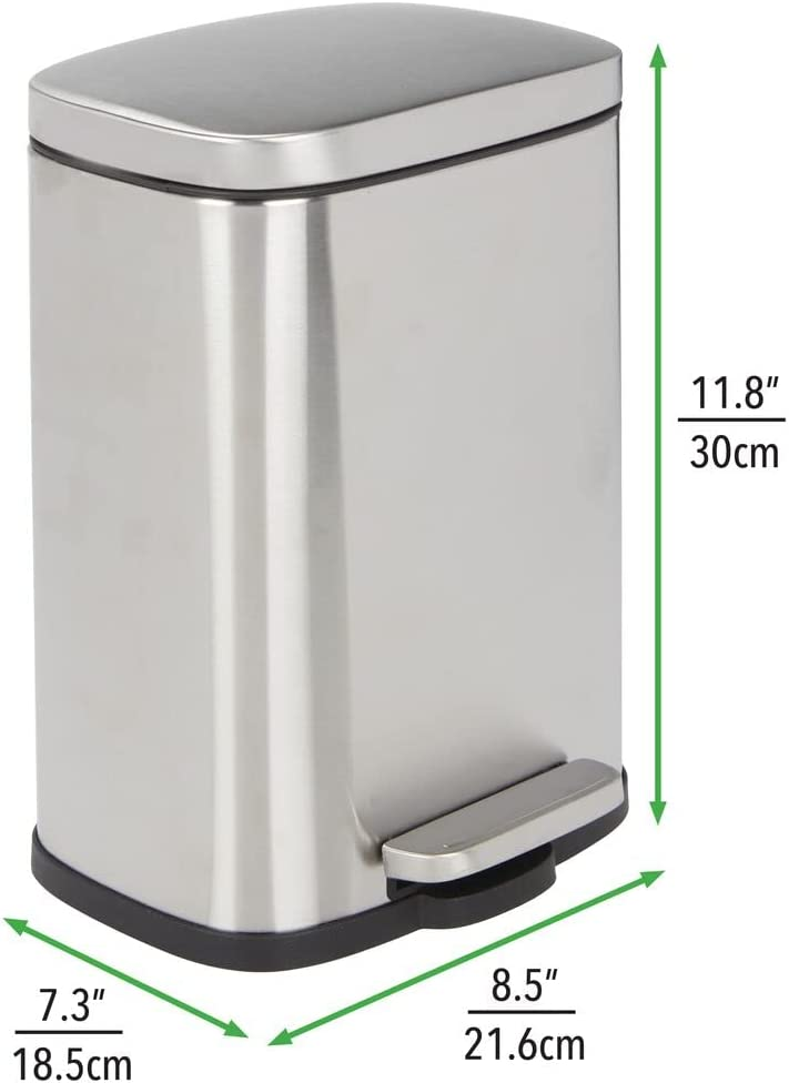 Mdesign Pedal Bin Stainless Steel Metal Waste Bin With Pedal, Lid And Plastic Insert – Small Household Rubbish Bin For Bathroom And Kitchen Or As Office Bin Etc. – Silver – 5 Liter