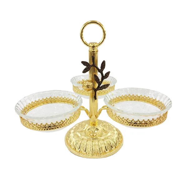 Orchid Gold Plated With 3 Layer Fruit Plate Glass Serving Pedestal Bowl - Wb938