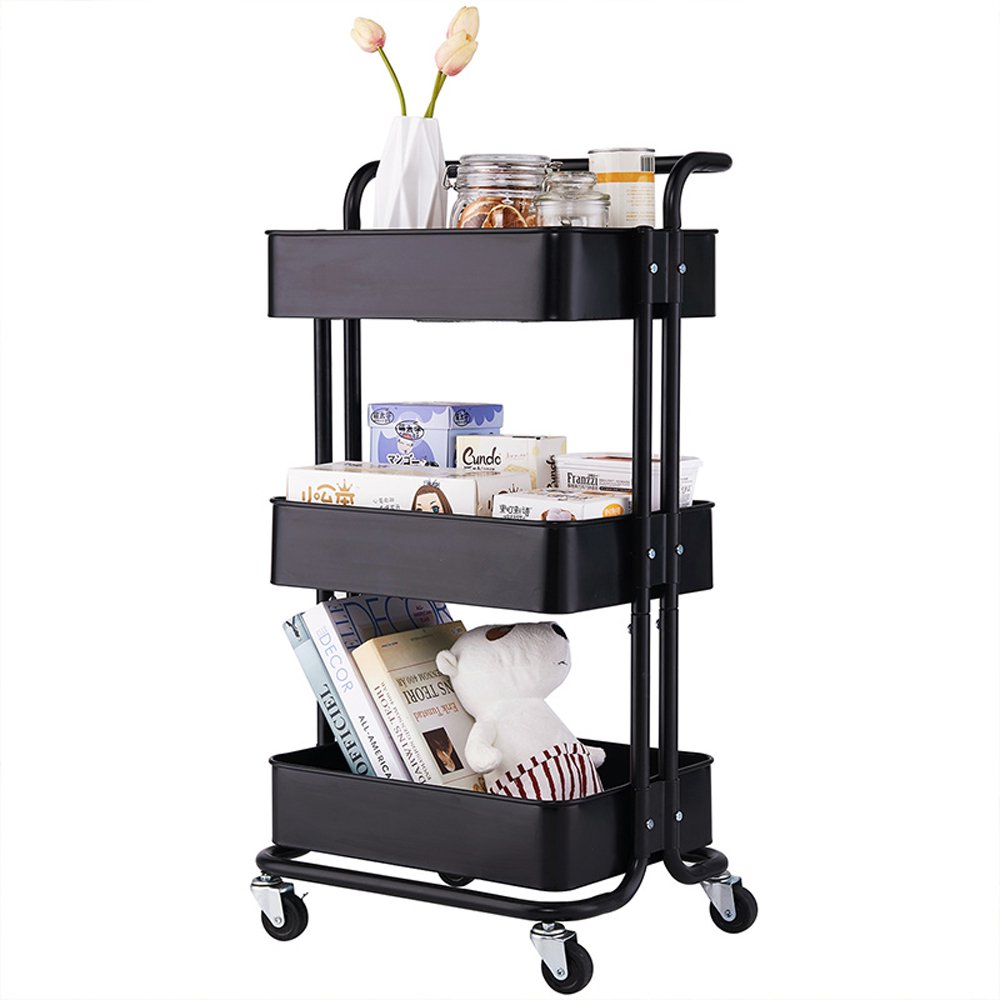 3-Tier Metal Storage Rolling Cart With Utility Handle Kitchen Carts On Wheels 360-Degree Rotation Trolley Cart, Shelving Unit For Garage Kitchen Bathroom Bedroom Office, 4 3-Tier Metal Storage Rolling Cart With Utility Handle Kitchen Carts On Wheels 360-Degree Rotation Trolley Cart, Shelving Unit For Garage Kitchen Bathroom Bedroom Office,