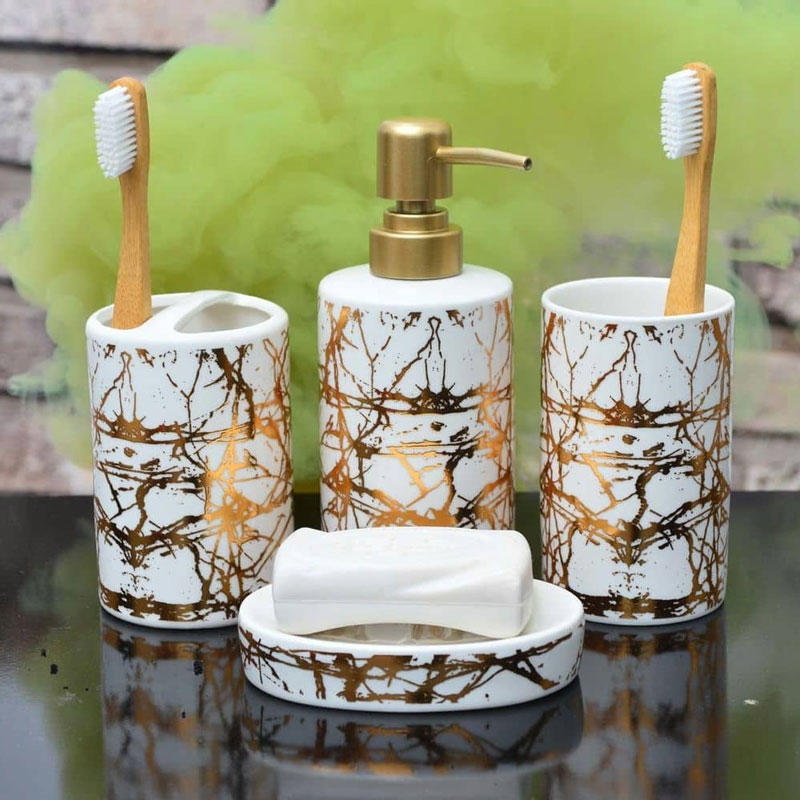 Bathroom Set Marble Design With Gold Set Of 4 Pcs