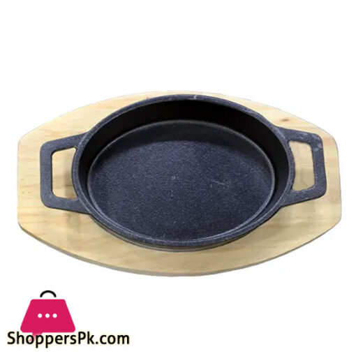Oval Preseasoned Nonstick Cast Iron Fajita Skillet Sizzler Plate with Wooden Base Medium 11 Inch S0008