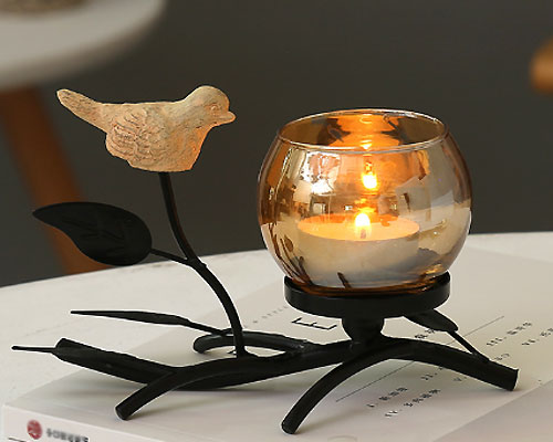 Candle Stand Small Bird Leaf Candle Holder Antique Style Shabby Stylish Cute Candle Stand Led With Iron Stand Amber Glass