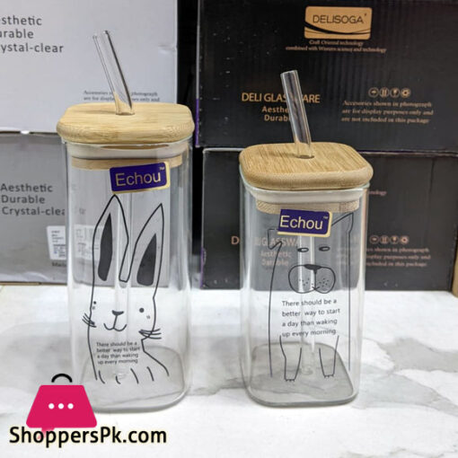 Cartoon Animal Milk Cup Transparent Borosilicate Square Glass Breakfast Juice Cups Heat resistant Glass with Wooden Airtight Lid and Glass Straw 300-ML