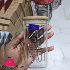 Cartoon Animal Milk Cup Transparent Borosilicate Square Glass Breakfast Juice Cups Heat resistant Glass with Wooden Airtight Lid and Glass Straw 300-ML