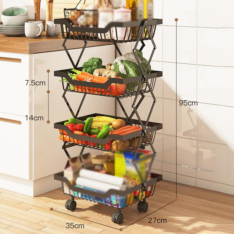 Kitchen Foldable Rack Fruit Vegetable Rack On Wheel Storage Stand Cart Trolley Bathroom Washroom Shelving Rack 4 - Layers