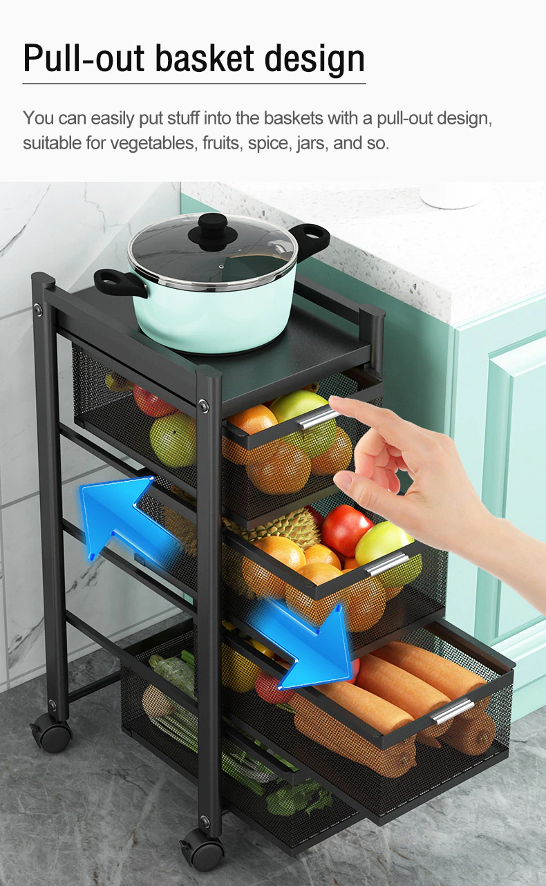 Kitchen Rotating Trolley Portable Storage Rack Square Design Fruits &Amp; Vegetable Onion Basket Organizer Holder Stand For Kitchen - 5 Tier