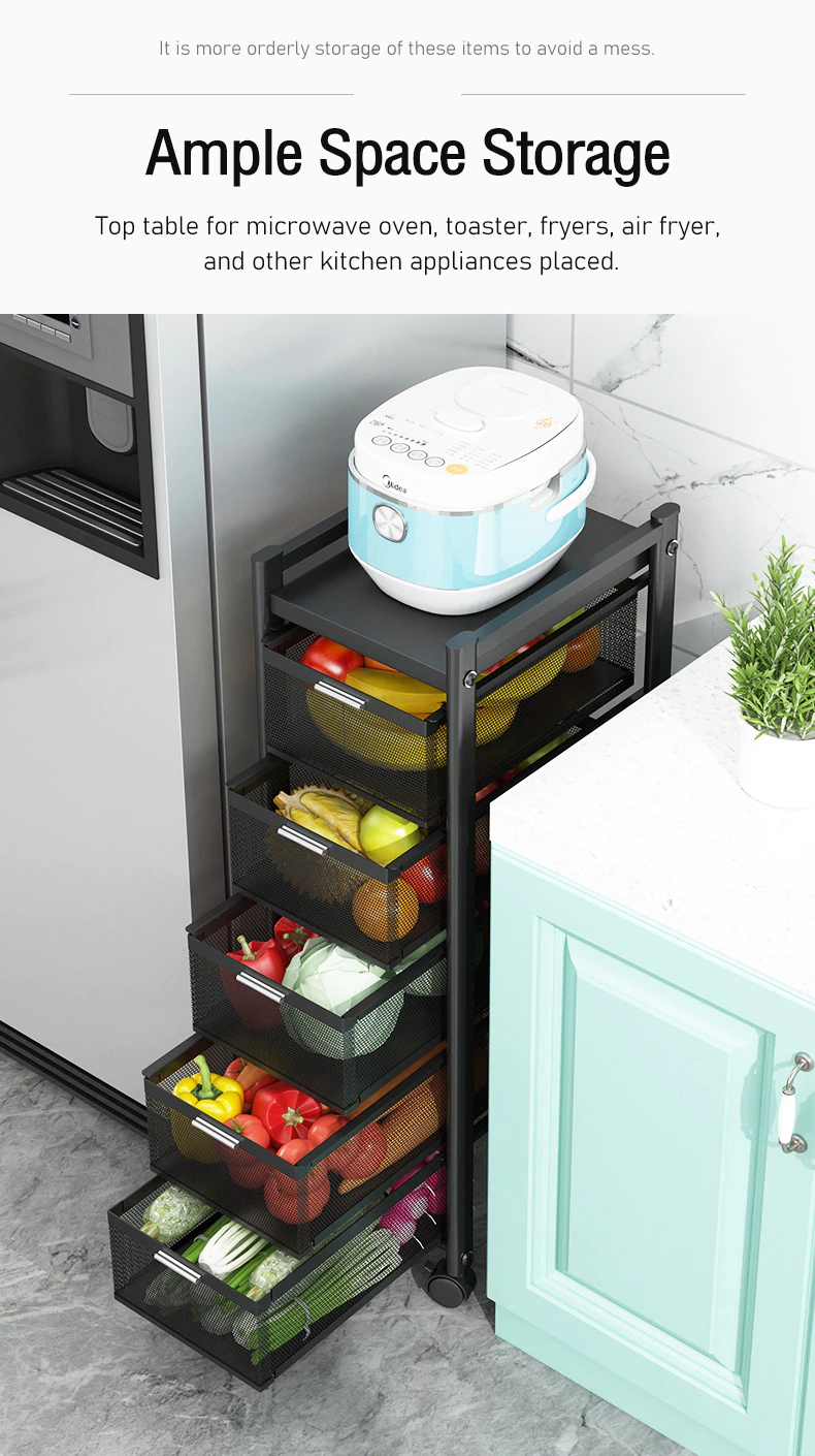 Kitchen Rotating Trolley Portable Storage Rack Square Design Fruits &Amp; Vegetable Onion Basket Organizer Holder Stand For Kitchen - 5 Tier