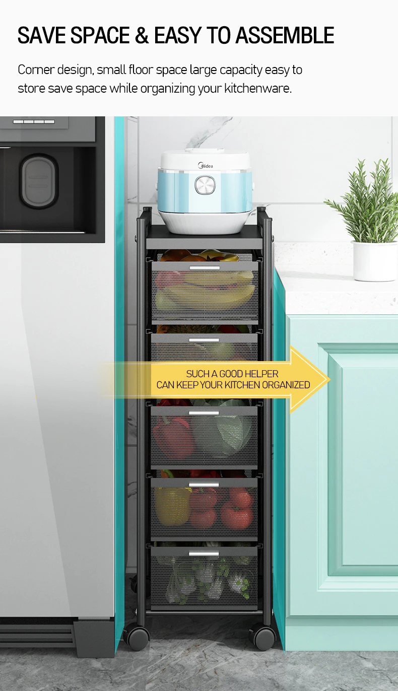 Kitchen Rotating Trolley Portable Storage Rack Square Design Fruits &Amp; Vegetable Onion Basket Organizer Holder Stand For Kitchen - 5 Tier