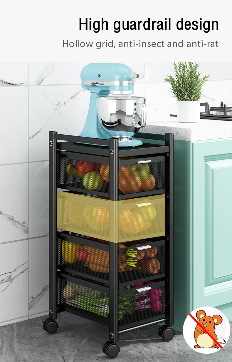 Kitchen Rotating Trolley Portable Storage Rack Square Design Fruits &Amp; Vegetable Onion Basket Organizer Holder Stand For Kitchen - 5 Tier