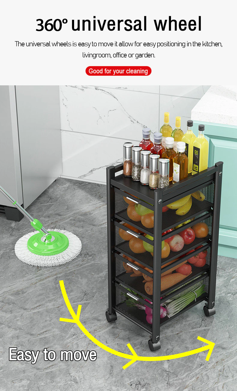 Kitchen Rotating Trolley Portable Storage Rack Square Design Fruits &Amp; Vegetable Onion Basket Organizer Holder Stand For Kitchen - 5 Tier