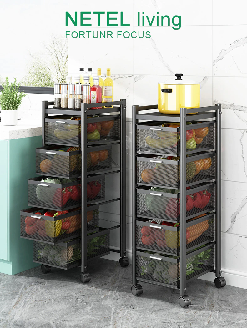 Kitchen Rotating Trolley Portable Storage Rack Square Design Fruits &Amp; Vegetable Onion Basket Organizer Holder Stand For Kitchen - 5 Tier