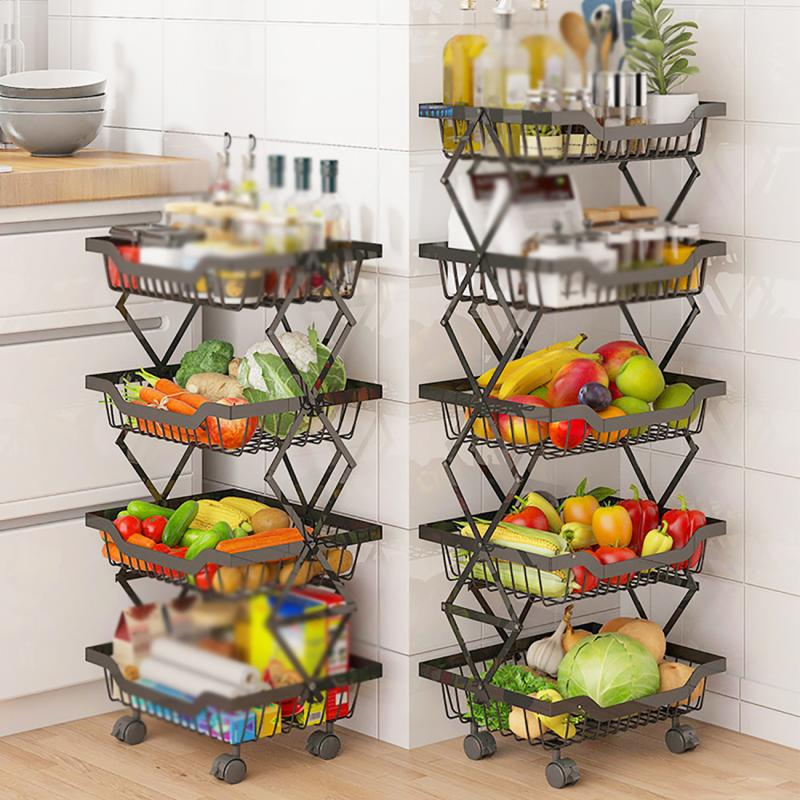 Kitchen Foldable Expendable Rack Fruit Vegetable Rack On Wheel Storage Stand Cart Trolley Bathroom Washroom Shelving Rack 5 - Layers
