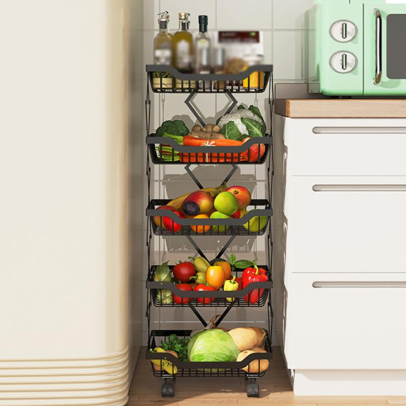 Kitchen Foldable Expendable Rack Fruit Vegetable Rack On Wheel Storage Stand Cart Trolley Bathroom Washroom Shelving Rack 5 - Layers