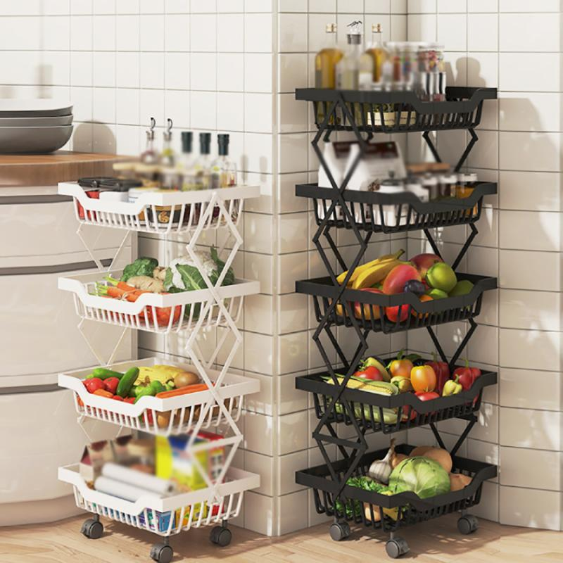 Kitchen Foldable Expendable Rack Fruit Vegetable Rack On Wheel Storage Stand Cart Trolley Bathroom Washroom Shelving Rack 5 - Layers