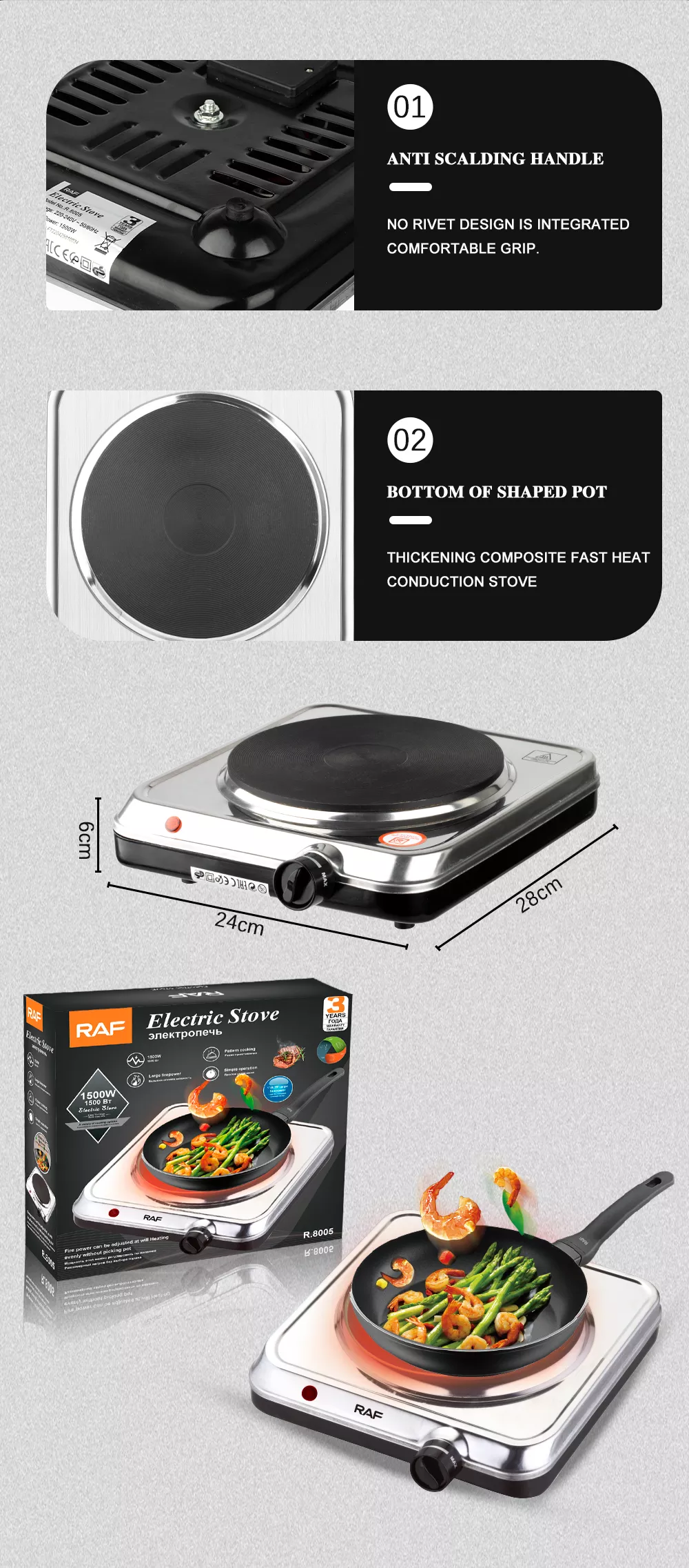 Raf Stainless Steel Electric Hot Burner Solid Hot Plate Countertop Single Flat Burner Hot Plate - R-8005