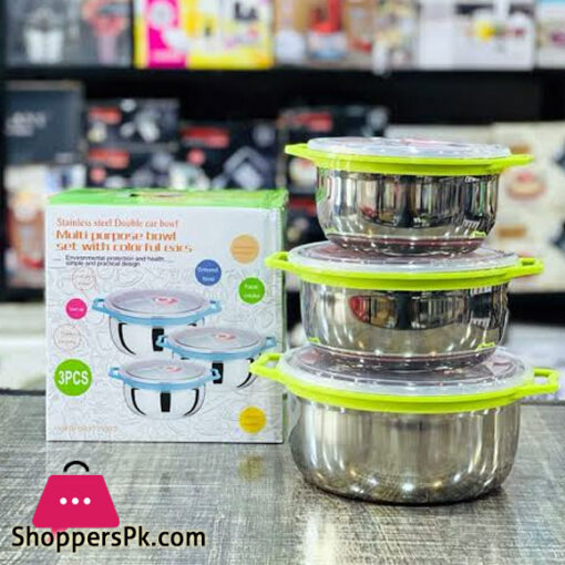 Stainless Steel Set of 3 food Container with Plastic Lid Size :14 / 16 / 18 cm