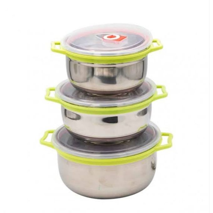 Stainless Steel Set Of 3 Food Container With Plastic Lid Size :14 / 16 / 18 Cm