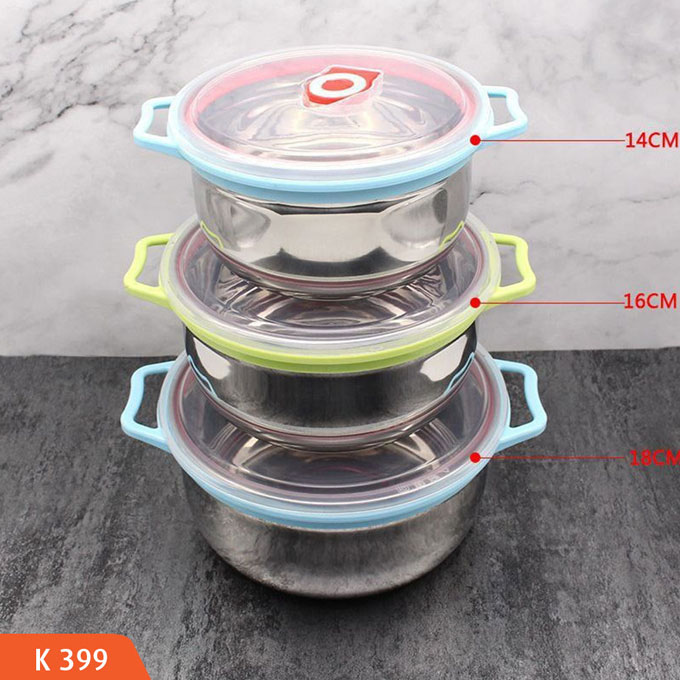 Stainless Steel Set Of 3 Food Container With Plastic Lid Size :14 / 16 / 18 Cm