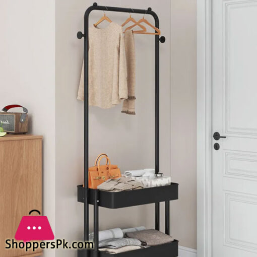 2 in 1 Garment Rack Clothing Rack with 2 Tier Metal Basket Rolling Storage Cart Clothes Organizer Coat Rack Storage Stand on Wheels for Home Bedroom Laundry Small Place Entryway Black