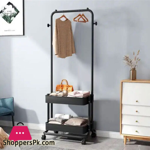 2 in 1 Garment Rack Clothing Rack with 2 Tier Metal Basket Rolling Storage Cart Clothes Organizer Coat Rack Storage Stand on Wheels for Home Bedroom Laundry Small Place Entryway Black