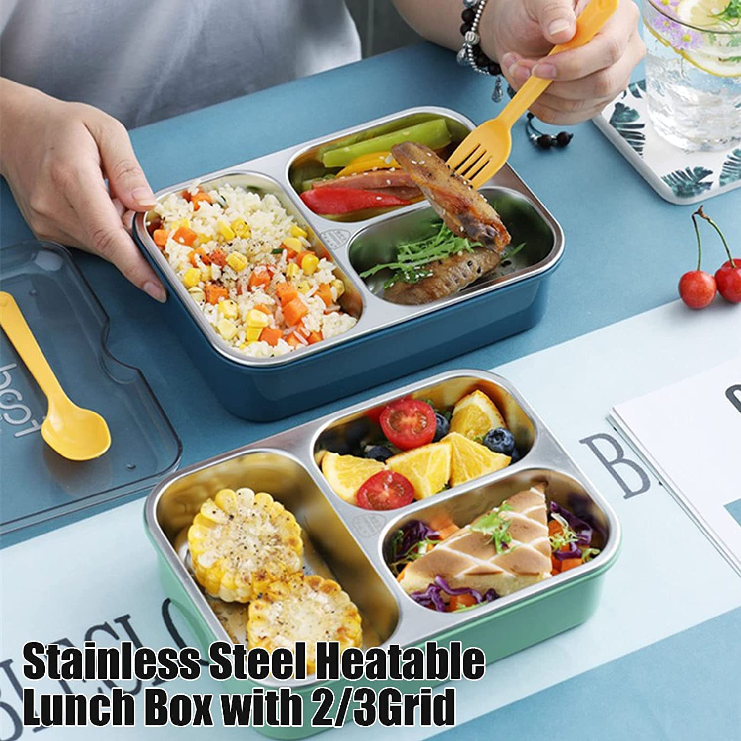 3 Compartment Stainless Steel Lunch Boxes With Removable Inner Plate Reusable Microwave Freezer Safe Food Containers For Adults And Kids Multicolor