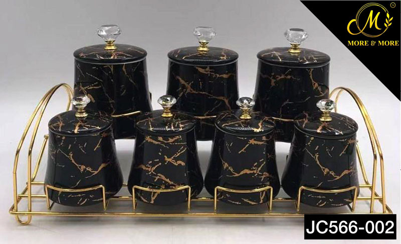 Ceramic Spice Jar Set Marble Design Diamond Top Gold Stand - Jc566-002