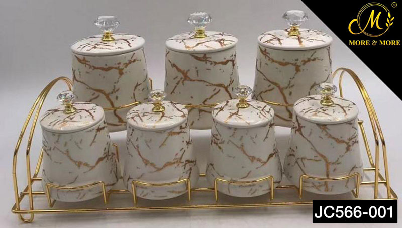 Ceramic Spice Jar Set Marble Design Diamond Top Gold Stand - Jc566-002