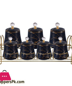 Ceramic Spice Jar Set Marble Design Diamond Top Gold Stand - JC566-002