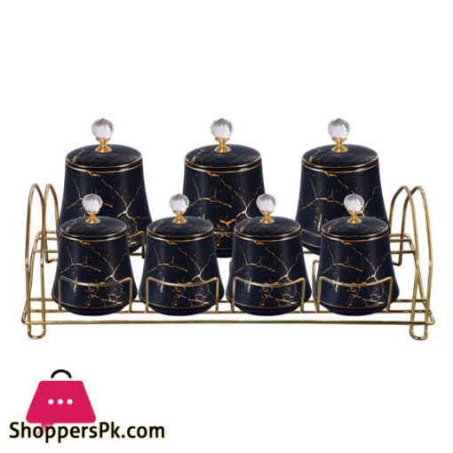 Ceramic Spice Jar Set Marble Design Diamond Top Gold Stand - JC566-002