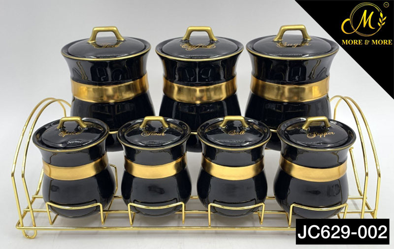 Ceramic Spice Jar Set Gold Rim Design Gold Stand - Jc629-002