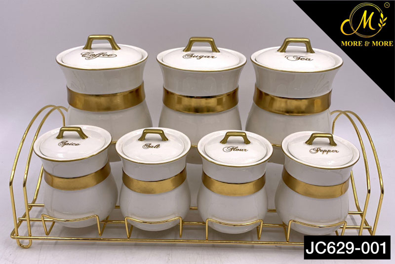 Ceramic Spice Jar Set Gold Rim Design Gold Stand - Jc629-002