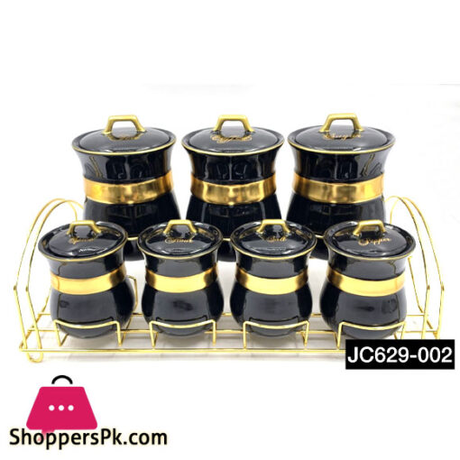 Ceramic Spice Jar Set Gold Rim Design Gold Stand - JC629-002