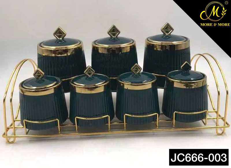 Ceramic Spice Jar Set Gold Stand - Jc666-003