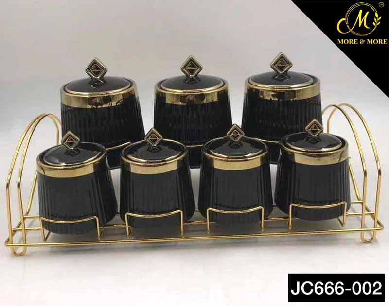 Ceramic Spice Jar Set Gold Stand - Jc666-003