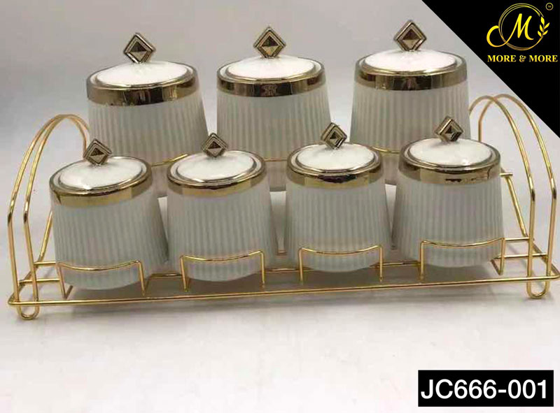 Ceramic Spice Jar Set Gold Stand - Jc666-003