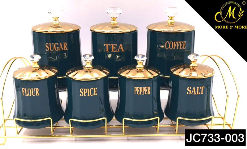 Ceramic Spice Jar Set Gold Rim With Diamond Top Design Gold Stand - Jc733-002