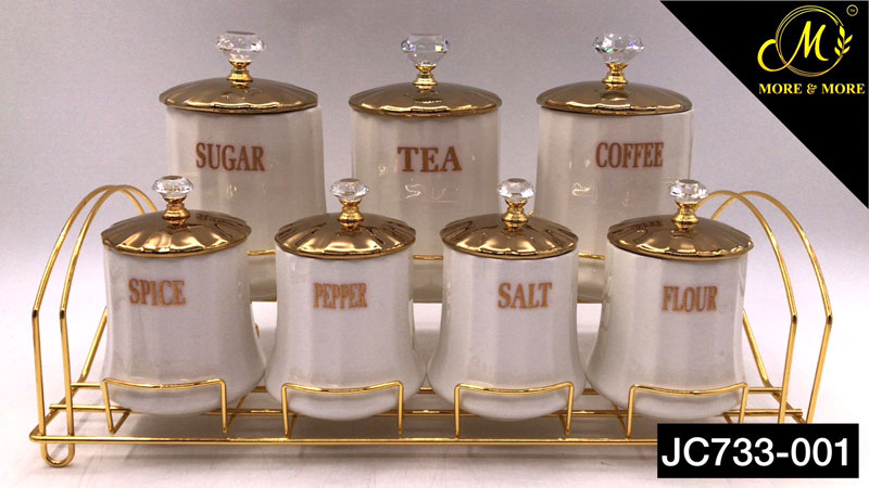 Ceramic Spice Jar Set Gold Rim With Diamond Top Design Gold Stand - Jc733-002