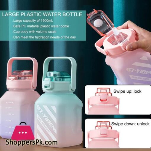 1500ML Large Cute Water Bottle with Straw Square Kawaii Water Bottles Portable Big Belly Drinking Water Bottle with Three Dimensional Sticker Sports Bottle for Girls Kids Adult for Gym School Outdoor