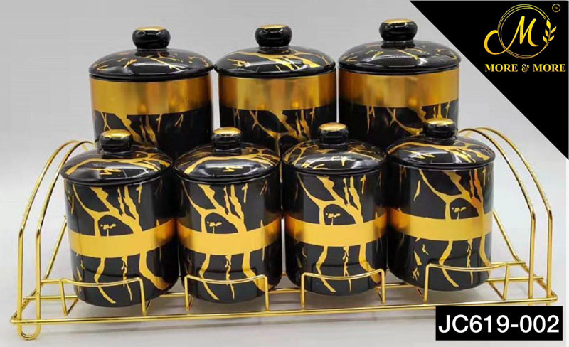 Ceramic Spice Jar Set Marble Design Gold Stand Jc619-002