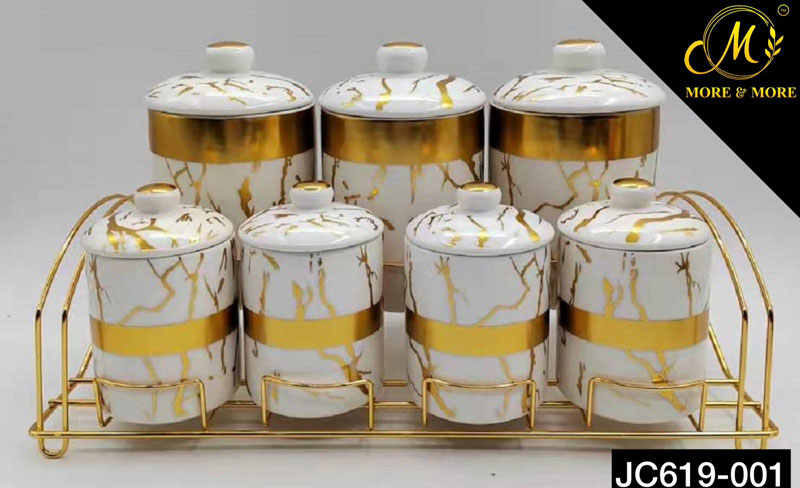 Ceramic Spice Jar Set Marble Design Gold Stand Jc619-002