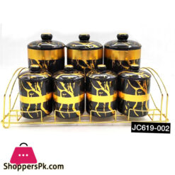 Ceramic Spice Jar Set Marble Design Gold Stand JC619-002