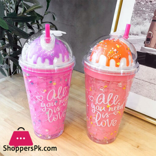 Cute Ice Cream Drinking Cup Straw Plastic Cup Colorful and Fun Design Favorite Gift Bottle for Girls and Kid - 600ML