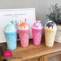 Cute Ice Cream Drinking Cup Straw Plastic Cup Colorful And Fun Design Favorite Gift Bottle For Girls And Kid - 600Ml