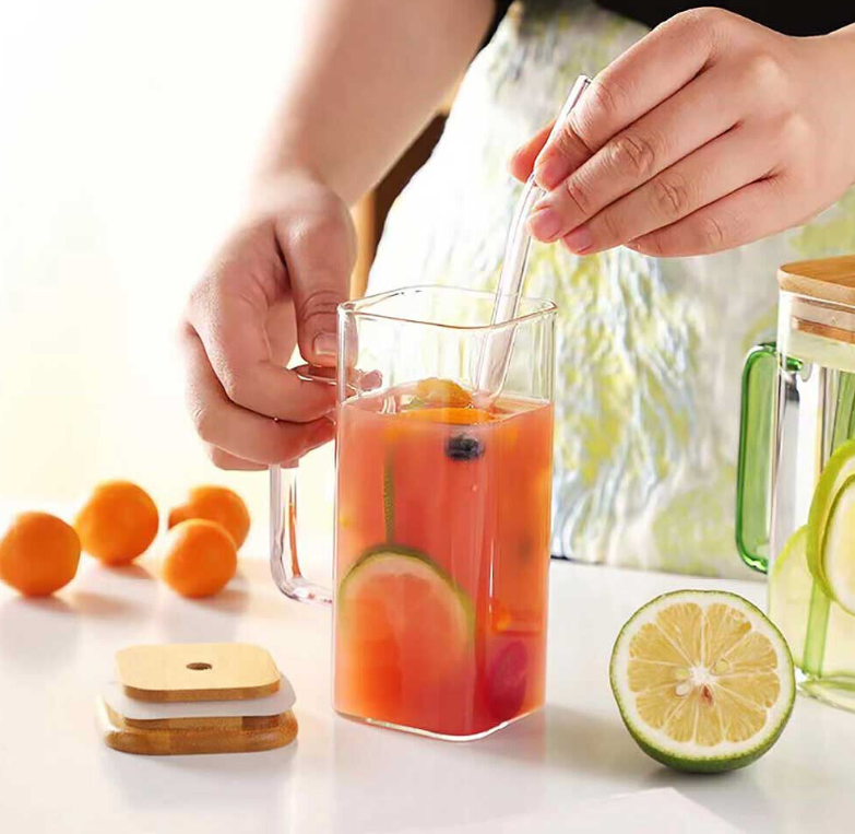 Ice Tea Glass Mug With Wooden Top And Glass Straw Capacity - 450Ml