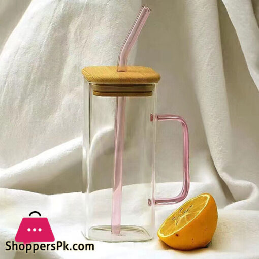 Ice Tea Glass Mug with Wooden Top and Glass Straw Capacity - 450ml