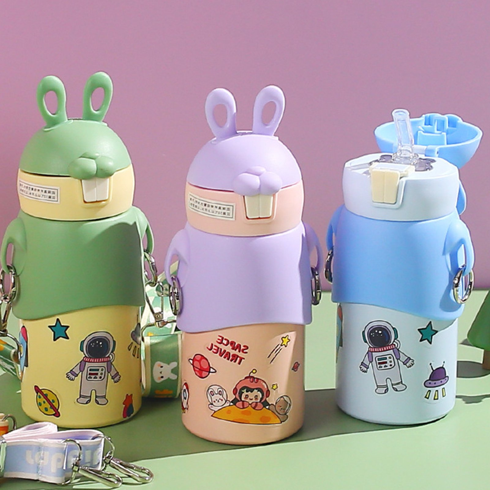 Kid Water Bottle Steel Thermal Cup With Straw Leak Proof Easy To Carry High Capacity Bunny Pattern Vacuum Bottle For School 450Ml - 16Oz