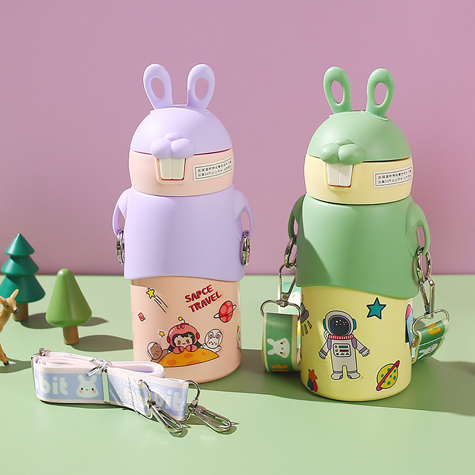 Kid Water Bottle Steel Thermal Cup With Straw Leak Proof Easy To Carry High Capacity Bunny Pattern Vacuum Bottle For School 450Ml - 16Oz